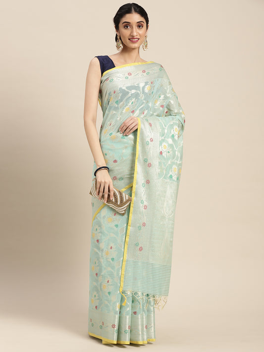 Faishana Presents Handwoven Seagreen Masrise Cotton Tilfi Jaal Skirt Border With Seagreen Blouse Banarasi Saree