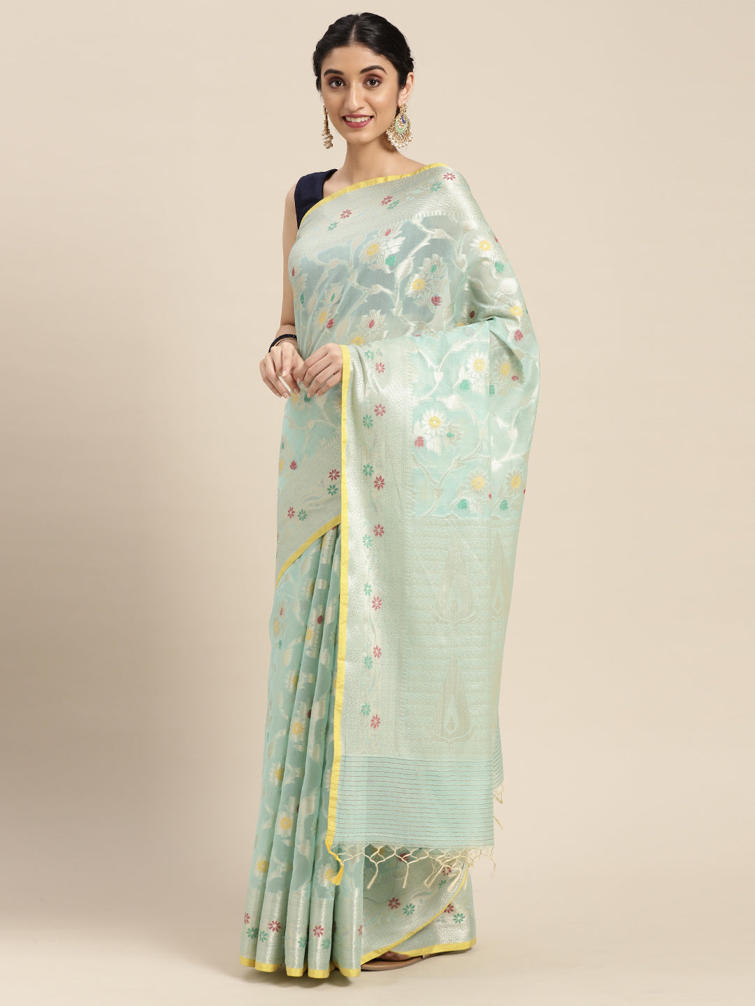 Faishana Presents Handwoven Seagreen Masrise Cotton Tilfi Jaal Skirt Border With Seagreen Blouse Banarasi Saree