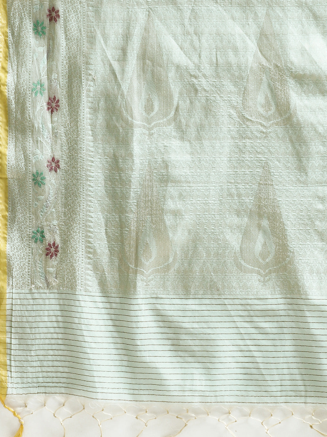 Faishana Presents Handwoven Seagreen Masrise Cotton Tilfi Jaal Skirt Border With Seagreen Blouse Banarasi Saree