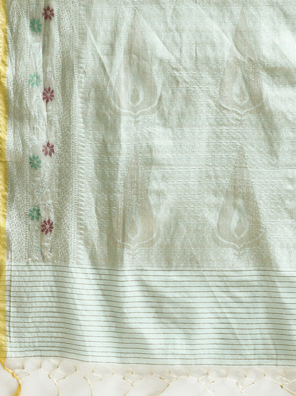 Faishana Presents Handwoven Seagreen Masrise Cotton Tilfi Jaal Skirt Border With Seagreen Blouse Banarasi Saree