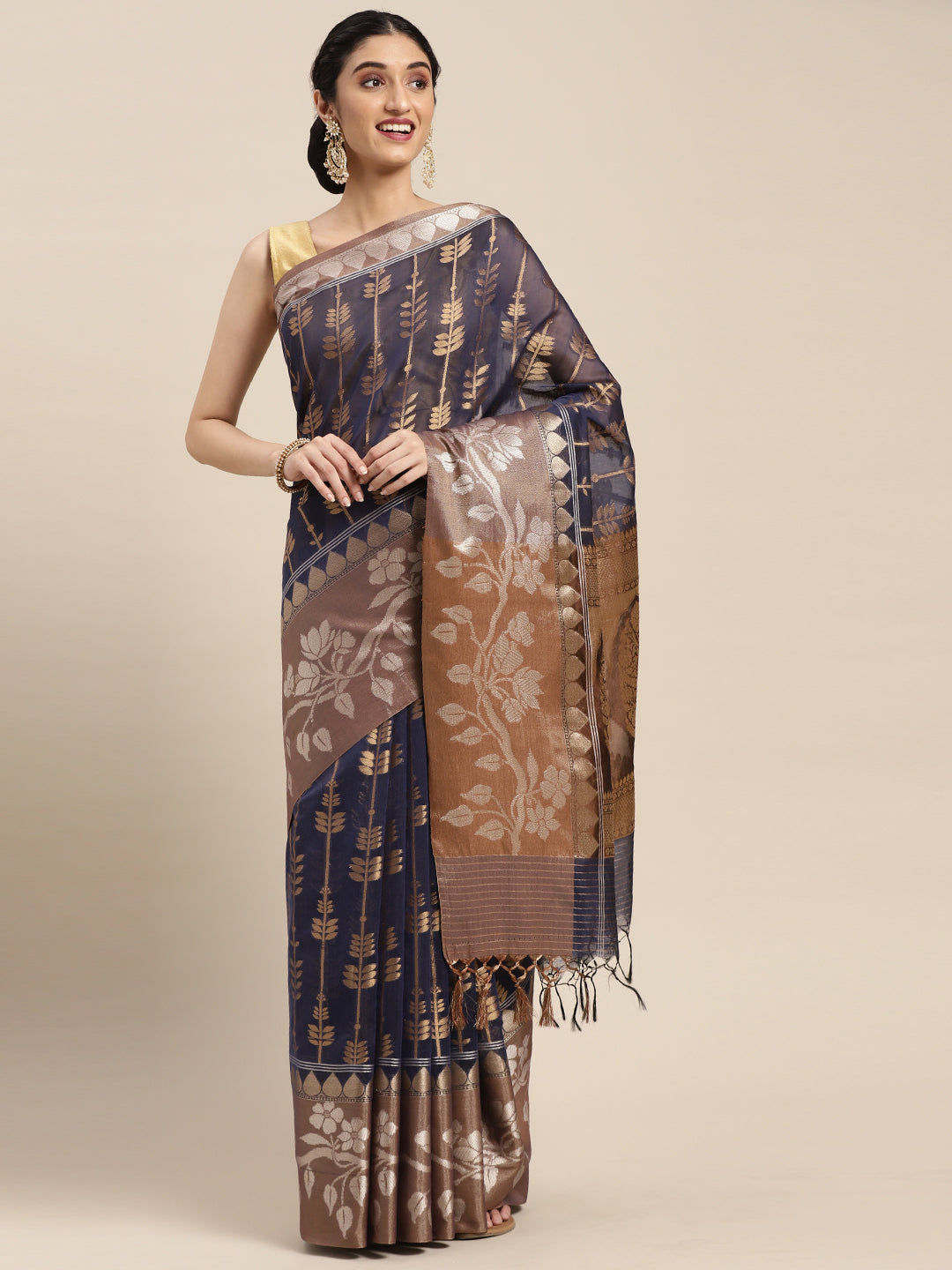 Faishana Presents Handwoven Blue Masrise Cotton Strip Jaal Skirt Border With Cheeku Color Blouse Banarasi Saree