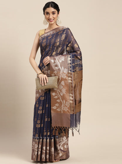Faishana Presents Handwoven Blue Masrise Cotton Strip Jaal Skirt Border With Cheeku Color Blouse Banarasi Saree