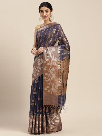 Faishana Presents Handwoven Blue Masrise Cotton Strip Jaal Skirt Border With Cheeku Color Blouse Banarasi Saree