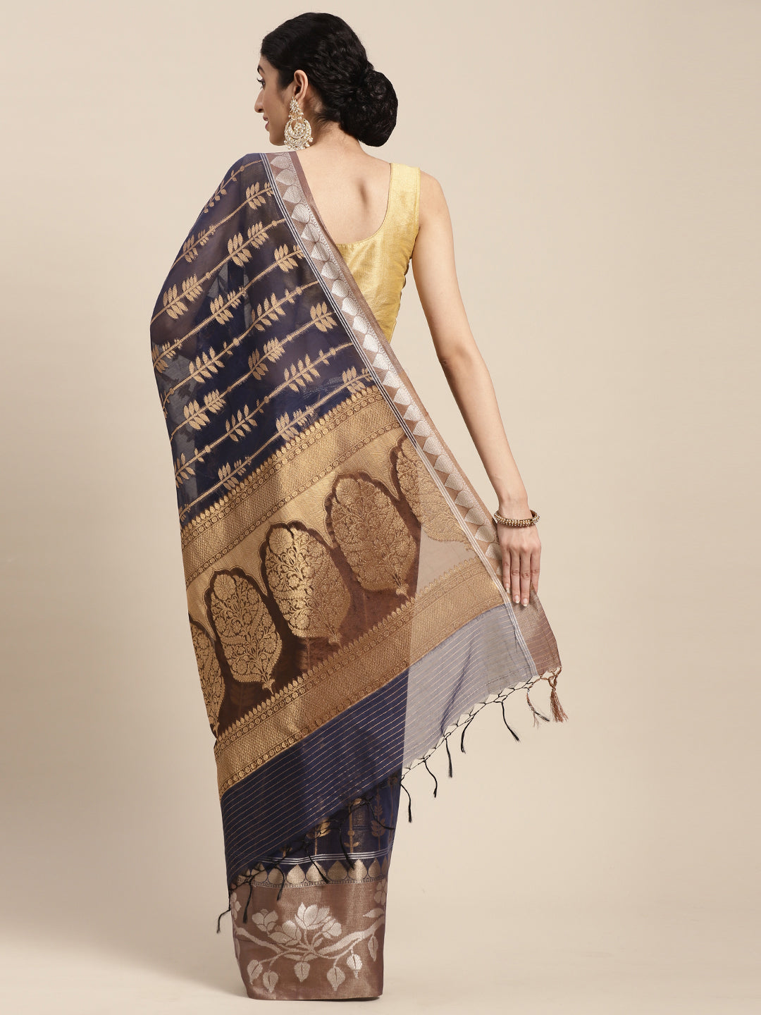 Faishana Presents Handwoven Blue Masrise Cotton Strip Jaal Skirt Border With Cheeku Color Blouse Banarasi Saree