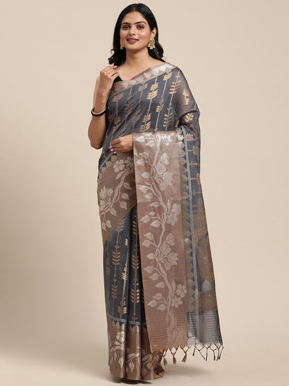 Faishana Presents Handwoven Grey Masrise Cotton Strip Jaal Skirt Border With Cheeku Color Blouse Banarasi Saree