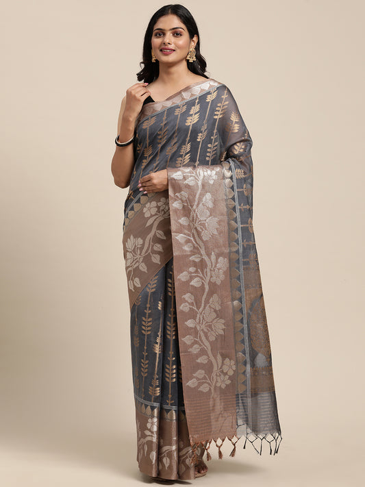 Faishana Presents Handwoven Grey Masrise Cotton Strip Jaal Skirt Border With Cheeku Color Blouse Banarasi Saree
