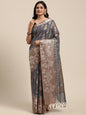 Faishana Presents Handwoven Grey Masrise Cotton Strip Jaal Skirt Border With Cheeku Color Blouse Banarasi Saree