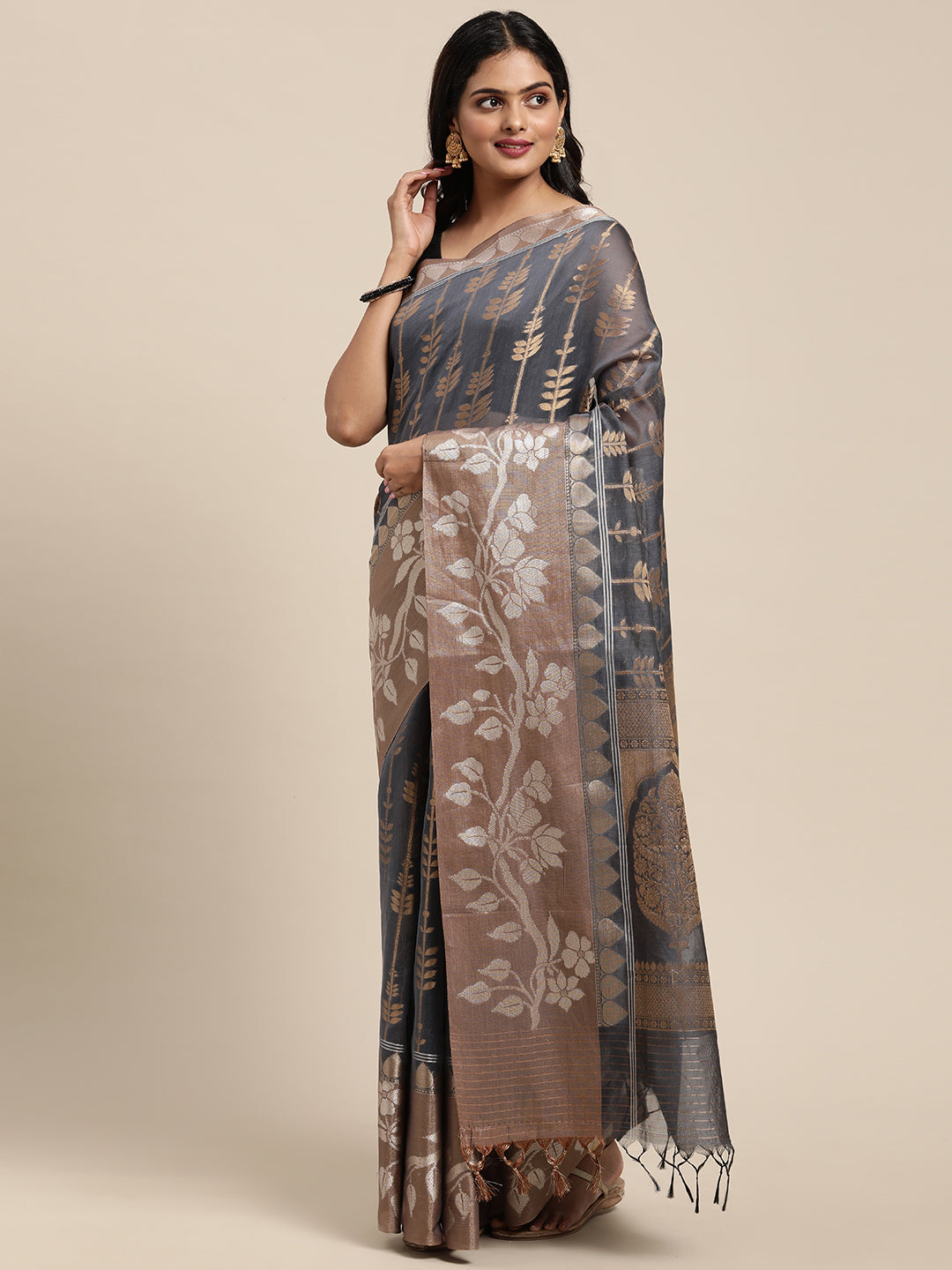Faishana Presents Handwoven Grey Masrise Cotton Strip Jaal Skirt Border With Cheeku Color Blouse Banarasi Saree