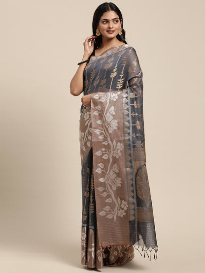 Faishana Presents Handwoven Grey Masrise Cotton Strip Jaal Skirt Border With Cheeku Color Blouse Banarasi Saree
