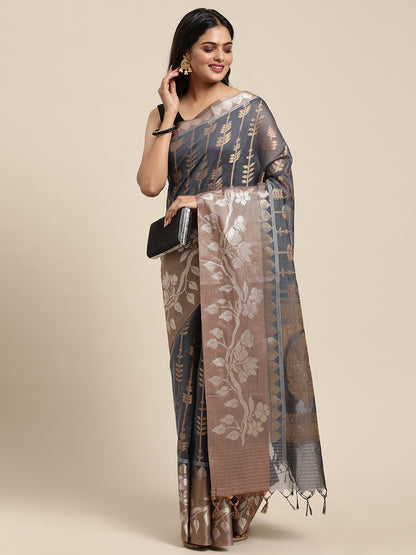 Faishana Presents Handwoven Grey Masrise Cotton Strip Jaal Skirt Border With Cheeku Color Blouse Banarasi Saree