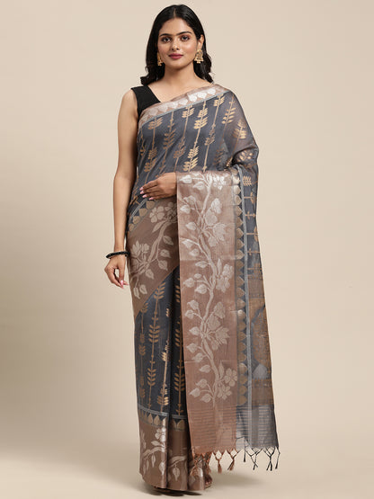 Faishana Presents Handwoven Grey Masrise Cotton Strip Jaal Skirt Border With Cheeku Color Blouse Banarasi Saree