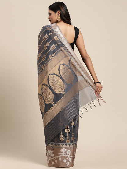 Faishana Presents Handwoven Grey Masrise Cotton Strip Jaal Skirt Border With Cheeku Color Blouse Banarasi Saree