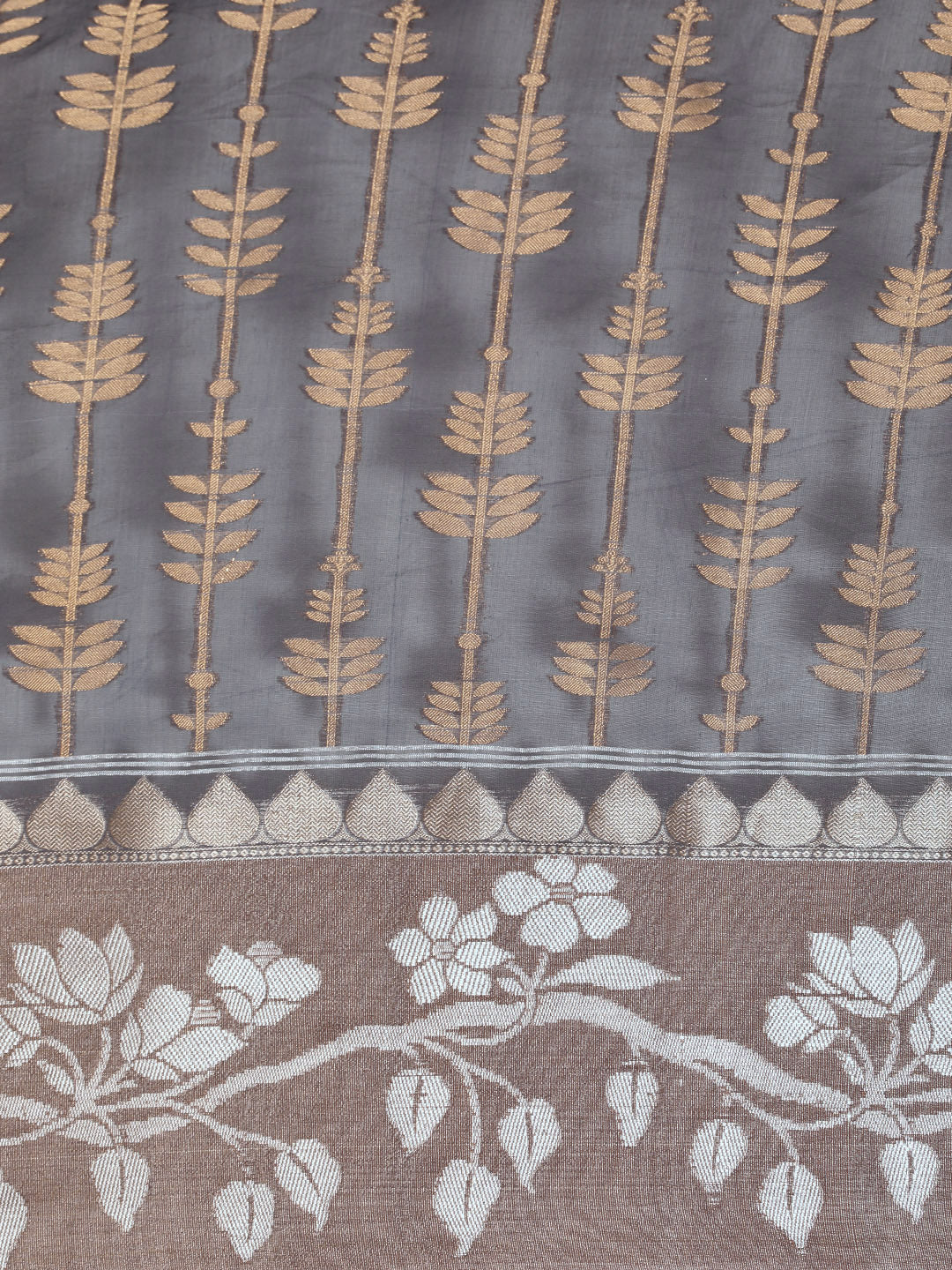Faishana Presents Handwoven Grey Masrise Cotton Strip Jaal Skirt Border With Cheeku Color Blouse Banarasi Saree