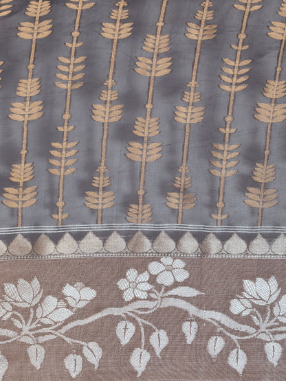 Faishana Presents Handwoven Grey Masrise Cotton Strip Jaal Skirt Border With Cheeku Color Blouse Banarasi Saree