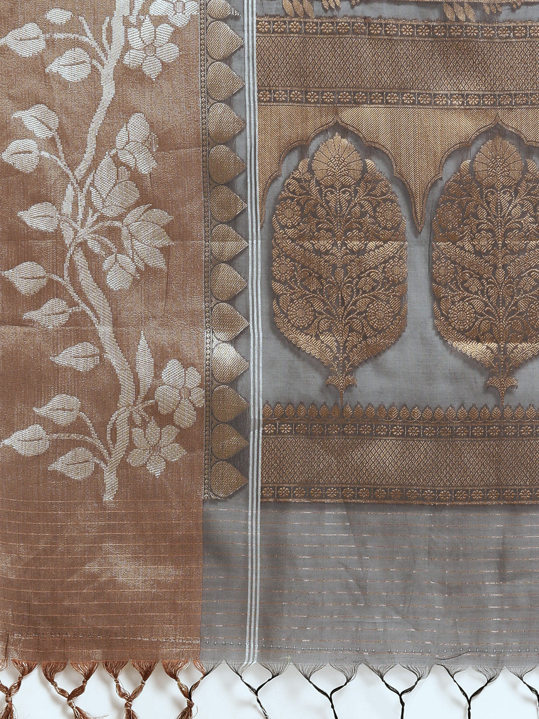 Faishana Presents Handwoven Grey Masrise Cotton Strip Jaal Skirt Border With Cheeku Color Blouse Banarasi Saree