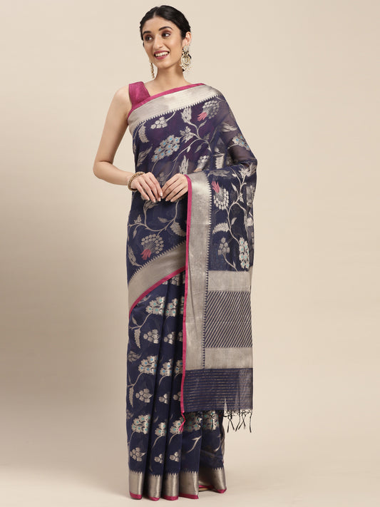 Faishana Presents Handwoven Blue Masrise Cotton Tilfi Jaal  Zari Border With Saree With Magenta Blouse Banarasi Saree