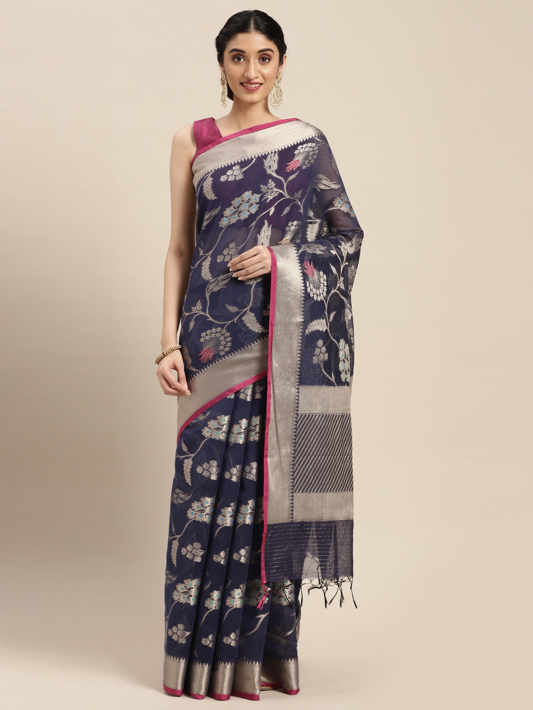 Faishana Presents Handwoven Blue Masrise Cotton Tilfi Jaal  Zari Border With Saree With Magenta Blouse Banarasi Saree
