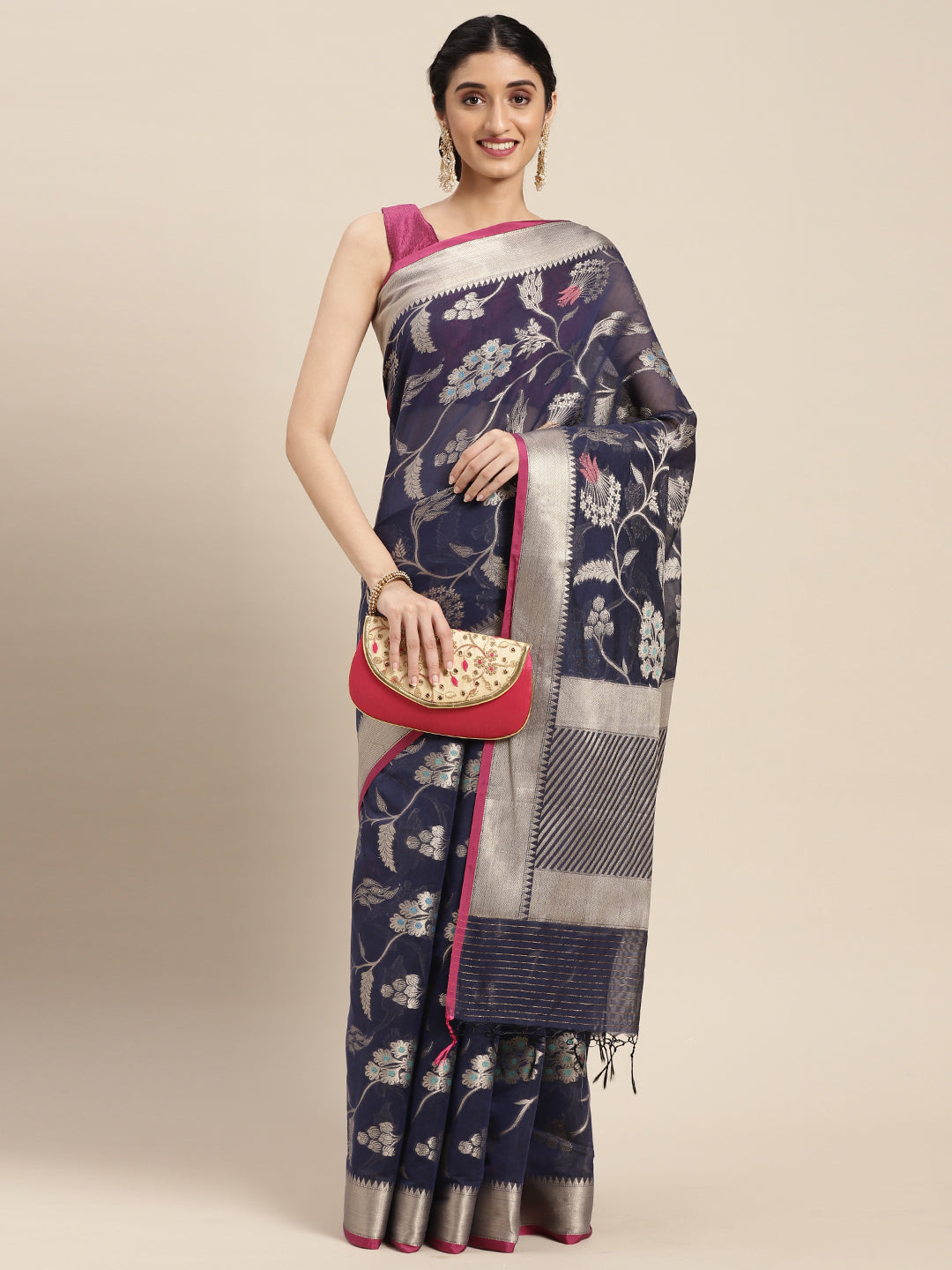 Faishana Presents Handwoven Blue Masrise Cotton Tilfi Jaal  Zari Border With Saree With Magenta Blouse Banarasi Saree