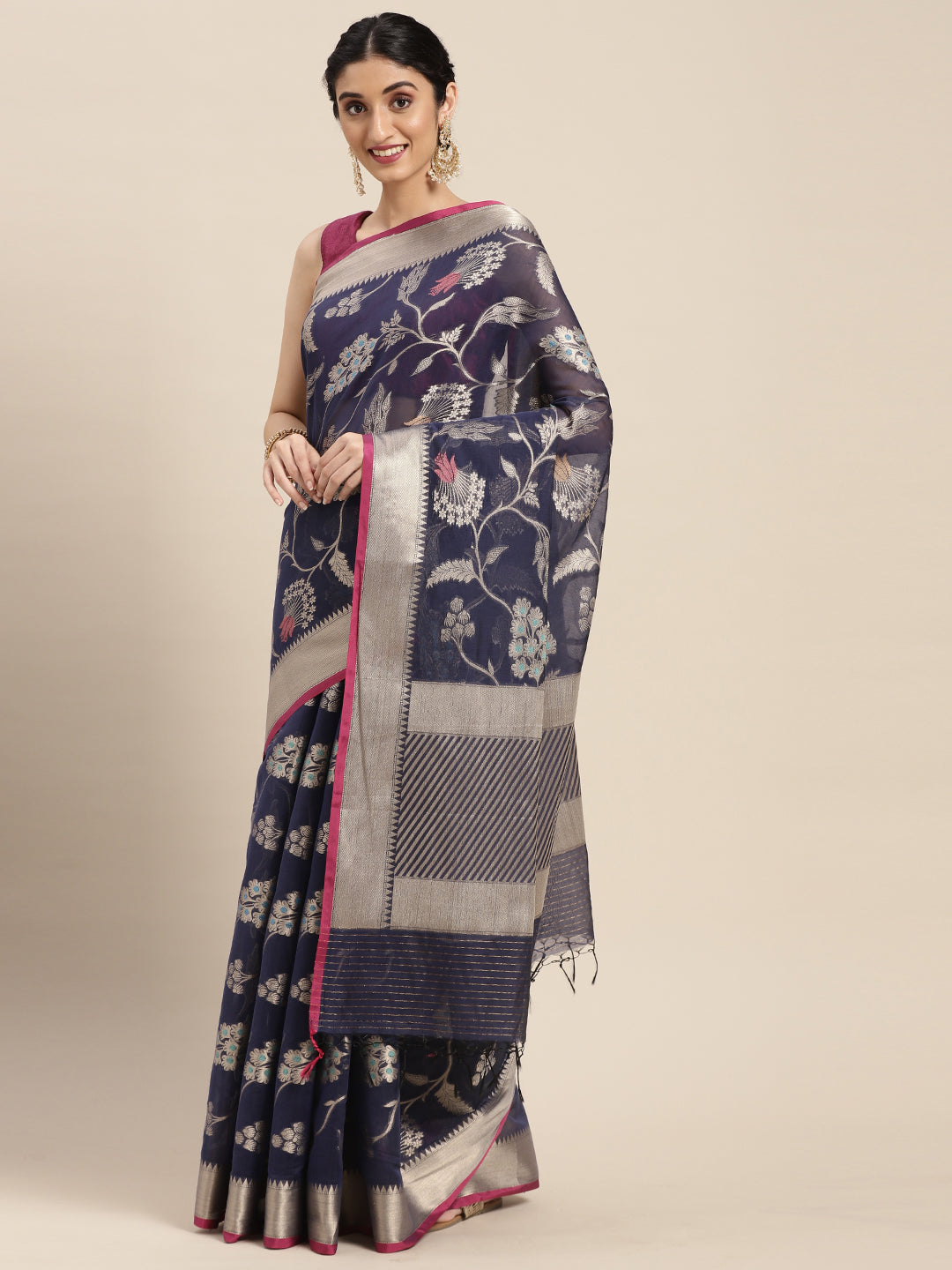 Faishana Presents Handwoven Blue Masrise Cotton Tilfi Jaal  Zari Border With Saree With Magenta Blouse Banarasi Saree