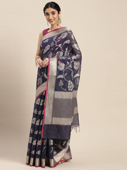 Faishana Presents Handwoven Blue Masrise Cotton Tilfi Jaal  Zari Border With Saree With Magenta Blouse Banarasi Saree