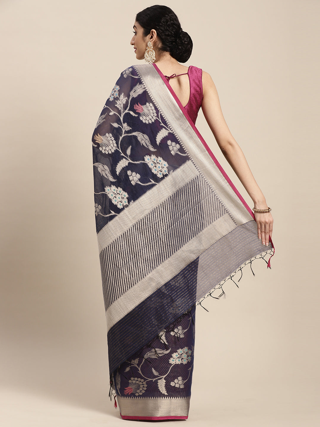 Faishana Presents Handwoven Blue Masrise Cotton Tilfi Jaal  Zari Border With Saree With Magenta Blouse Banarasi Saree