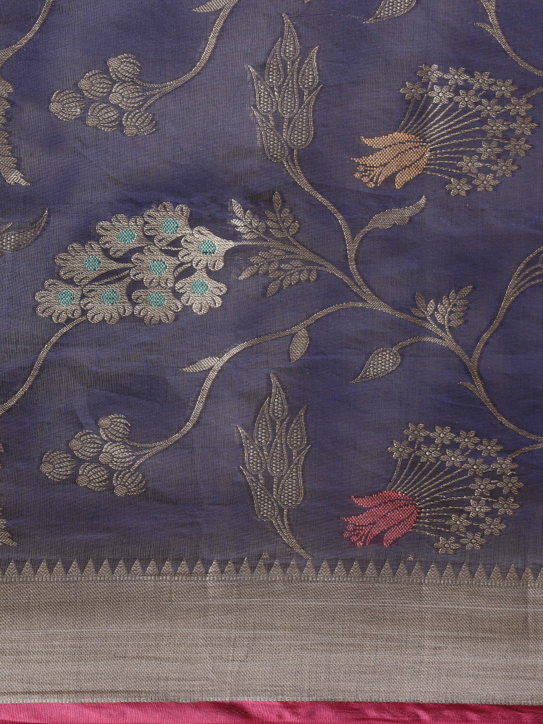 Faishana Presents Handwoven Blue Masrise Cotton Tilfi Jaal  Zari Border With Saree With Magenta Blouse Banarasi Saree