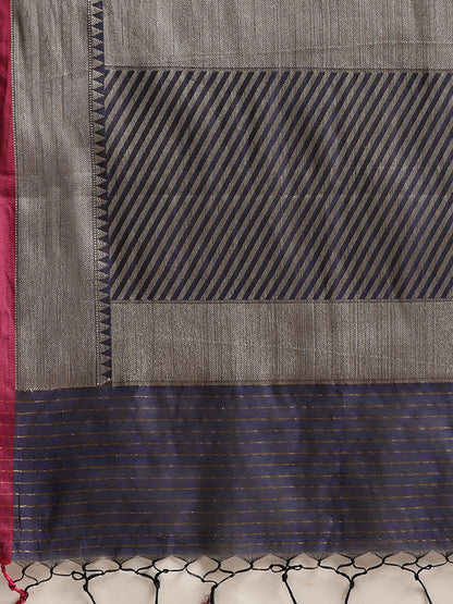 Faishana Presents Handwoven Blue Masrise Cotton Tilfi Jaal  Zari Border With Saree With Magenta Blouse Banarasi Saree
