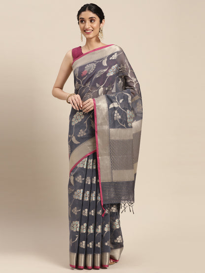 Faishana Presents Handwoven Grey Masrise Cotton Tilfi Jaal Zari Border With Magenta Blouse Banarasi Saree