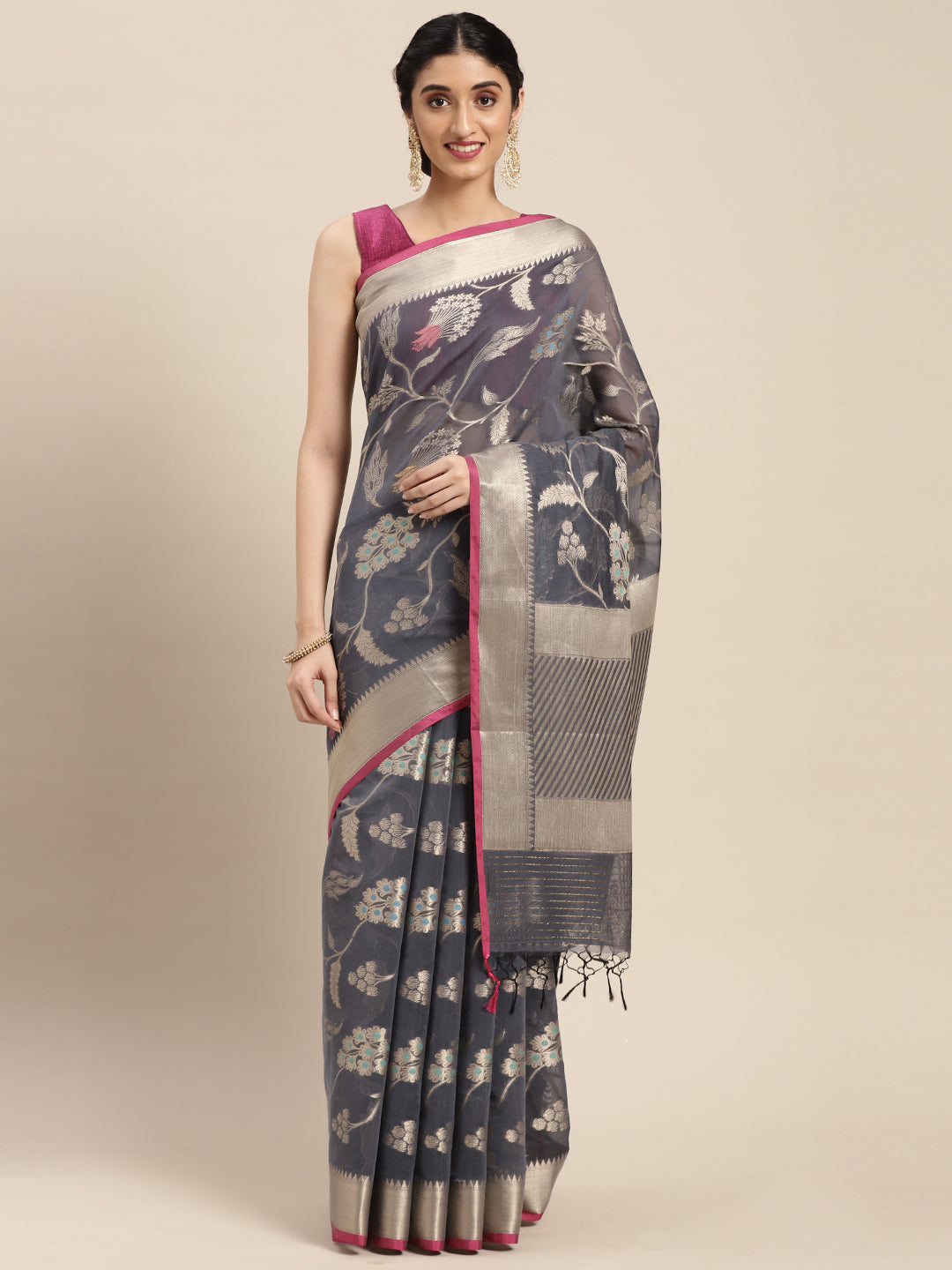 Faishana Presents Handwoven Grey Masrise Cotton Tilfi Jaal Zari Border With Magenta Blouse Banarasi Saree