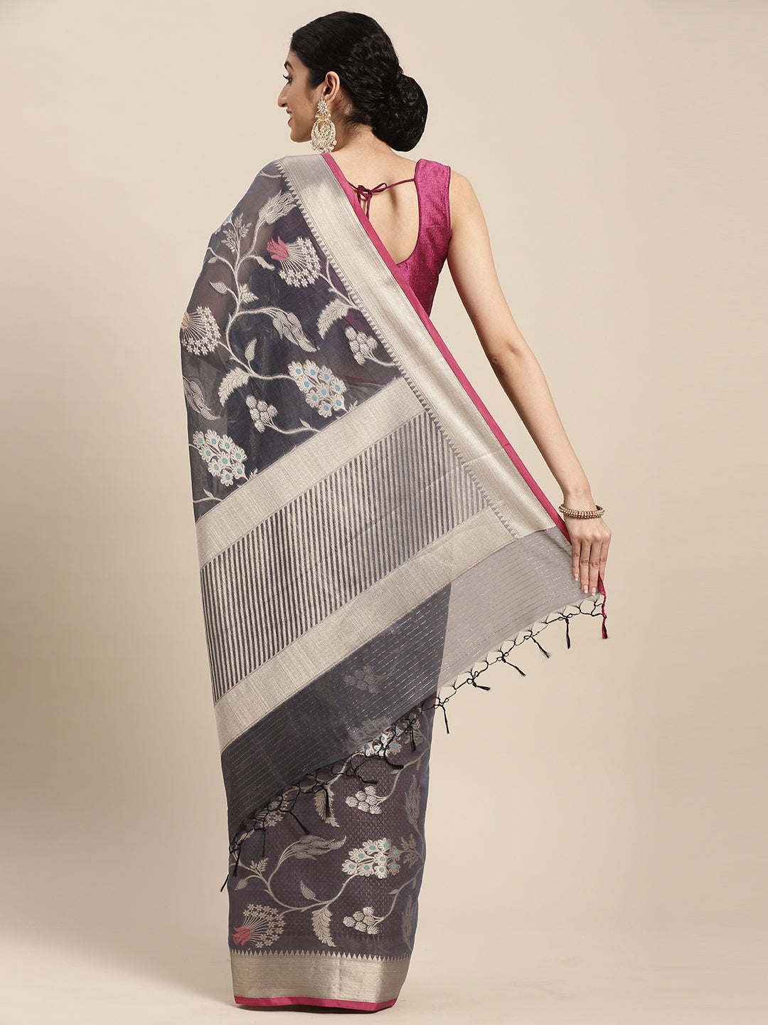 Faishana Presents Handwoven Grey Masrise Cotton Tilfi Jaal Zari Border With Magenta Blouse Banarasi Saree