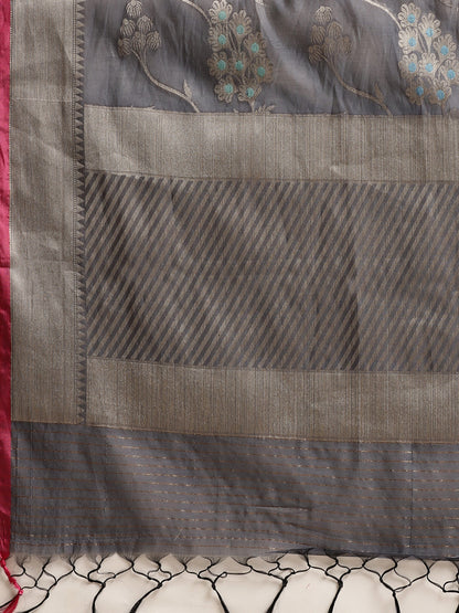 Faishana Presents Handwoven Grey Masrise Cotton Tilfi Jaal Zari Border With Magenta Blouse Banarasi Saree