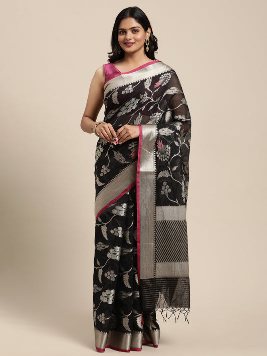 Faishana Presents Handwoven Black Masrise Cotton Tilfi Jaal Zari Border With Magenta Blouse Banarasi Saree