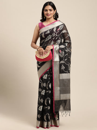 Faishana Presents Handwoven Black Masrise Cotton Tilfi Jaal Zari Border With Magenta Blouse Banarasi Saree