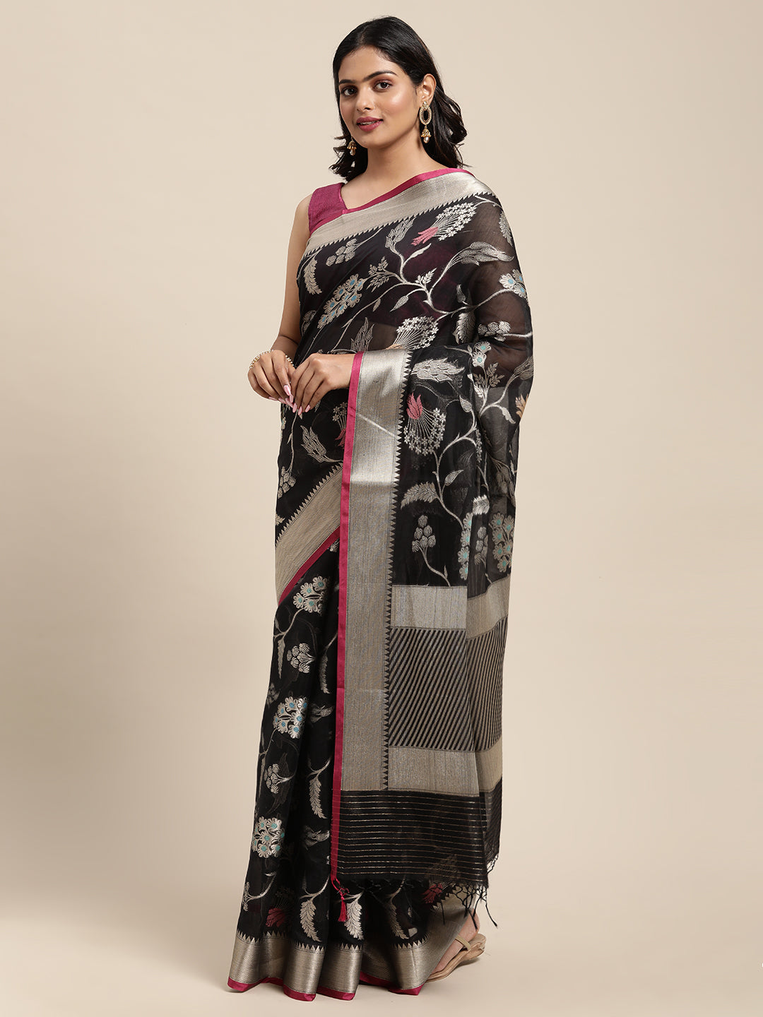 Faishana Presents Handwoven Black Masrise Cotton Tilfi Jaal Zari Border With Magenta Blouse Banarasi Saree