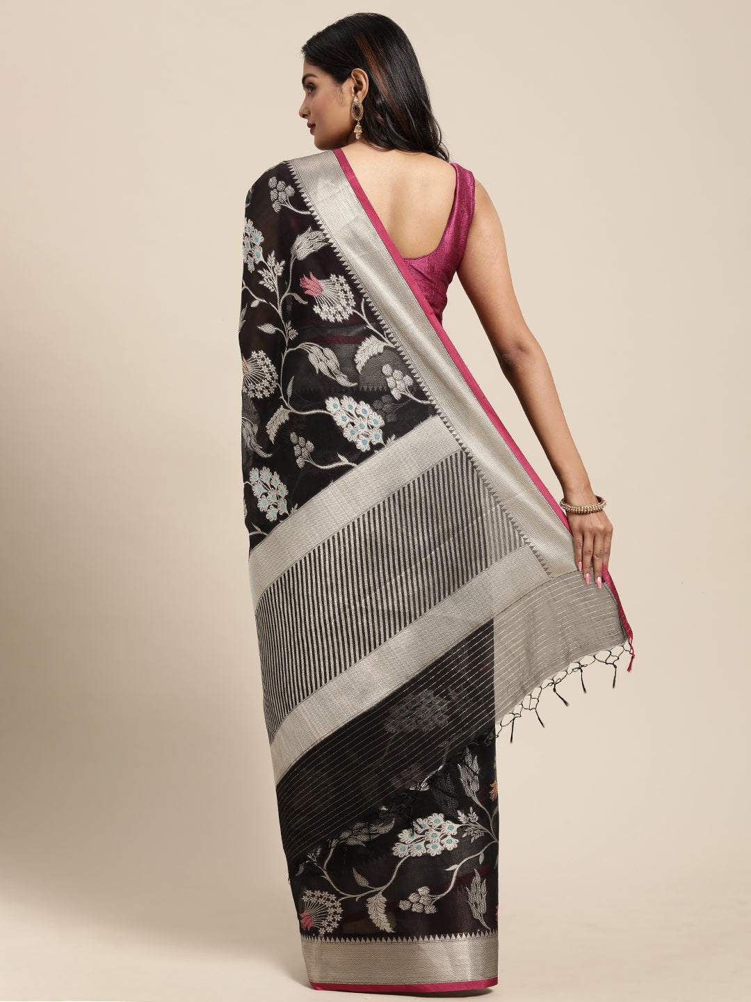 Faishana Presents Handwoven Black Masrise Cotton Tilfi Jaal Zari Border With Magenta Blouse Banarasi Saree