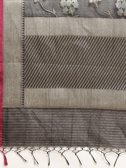 Faishana Presents Handwoven Black Masrise Cotton Tilfi Jaal Zari Border With Magenta Blouse Banarasi Saree