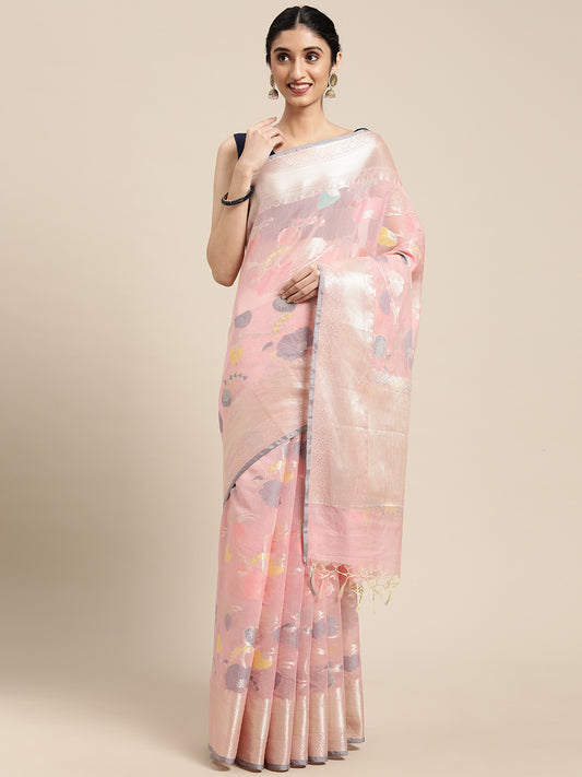 Faishana Presents Handwoven Pink Masrise Cotton Tilfi Jaal Zari Border With Pink Blouse Banarasi Saree