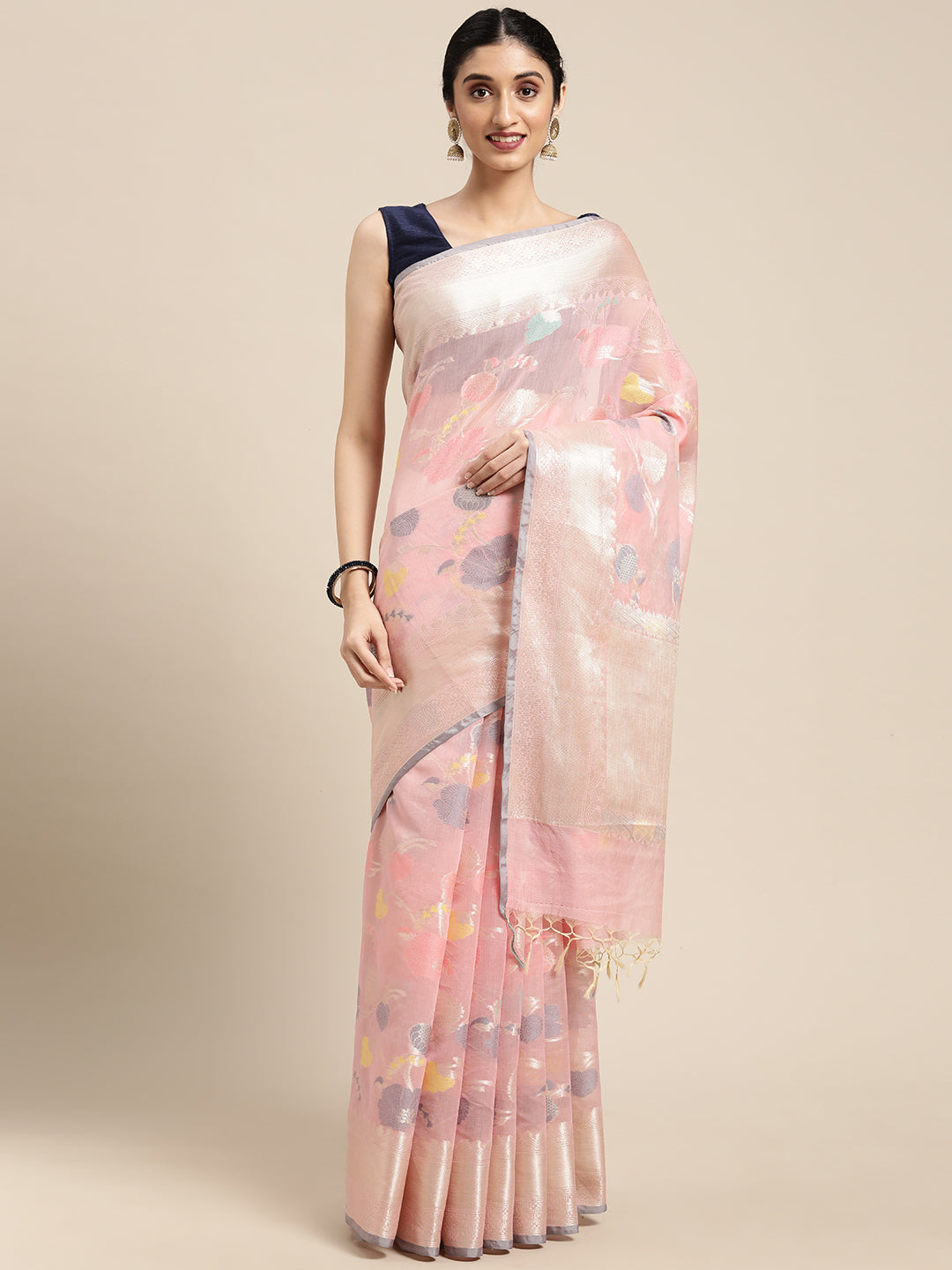 Faishana Presents Handwoven Pink Masrise Cotton Tilfi Jaal Zari Border With Pink Blouse Banarasi Saree