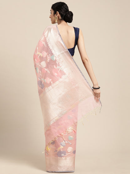 Faishana Presents Handwoven Pink Masrise Cotton Tilfi Jaal Zari Border With Pink Blouse Banarasi Saree