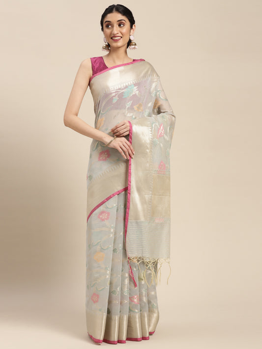 Faishana Presents Handwoven Grey Masrise Cotton Tilfi Jaal Zari Border With Grey Blouse Banarasi Saree