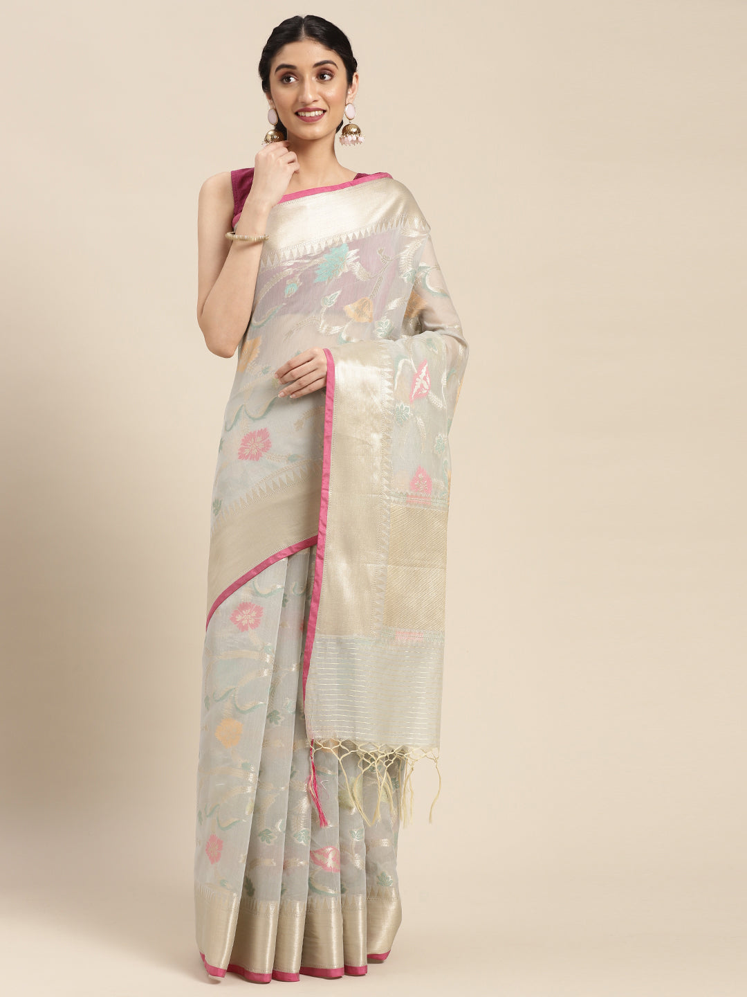 Faishana Presents Handwoven Grey Masrise Cotton Tilfi Jaal Zari Border With Grey Blouse Banarasi Saree