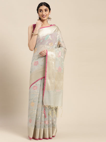 Faishana Presents Handwoven Grey Masrise Cotton Tilfi Jaal Zari Border With Grey Blouse Banarasi Saree