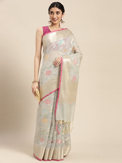 Faishana Presents Handwoven Grey Masrise Cotton Tilfi Jaal Zari Border With Grey Blouse Banarasi Saree