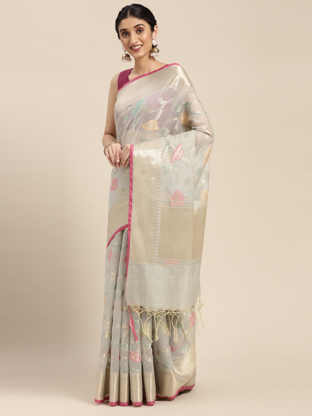 Faishana Presents Handwoven Grey Masrise Cotton Tilfi Jaal Zari Border With Grey Blouse Banarasi Saree