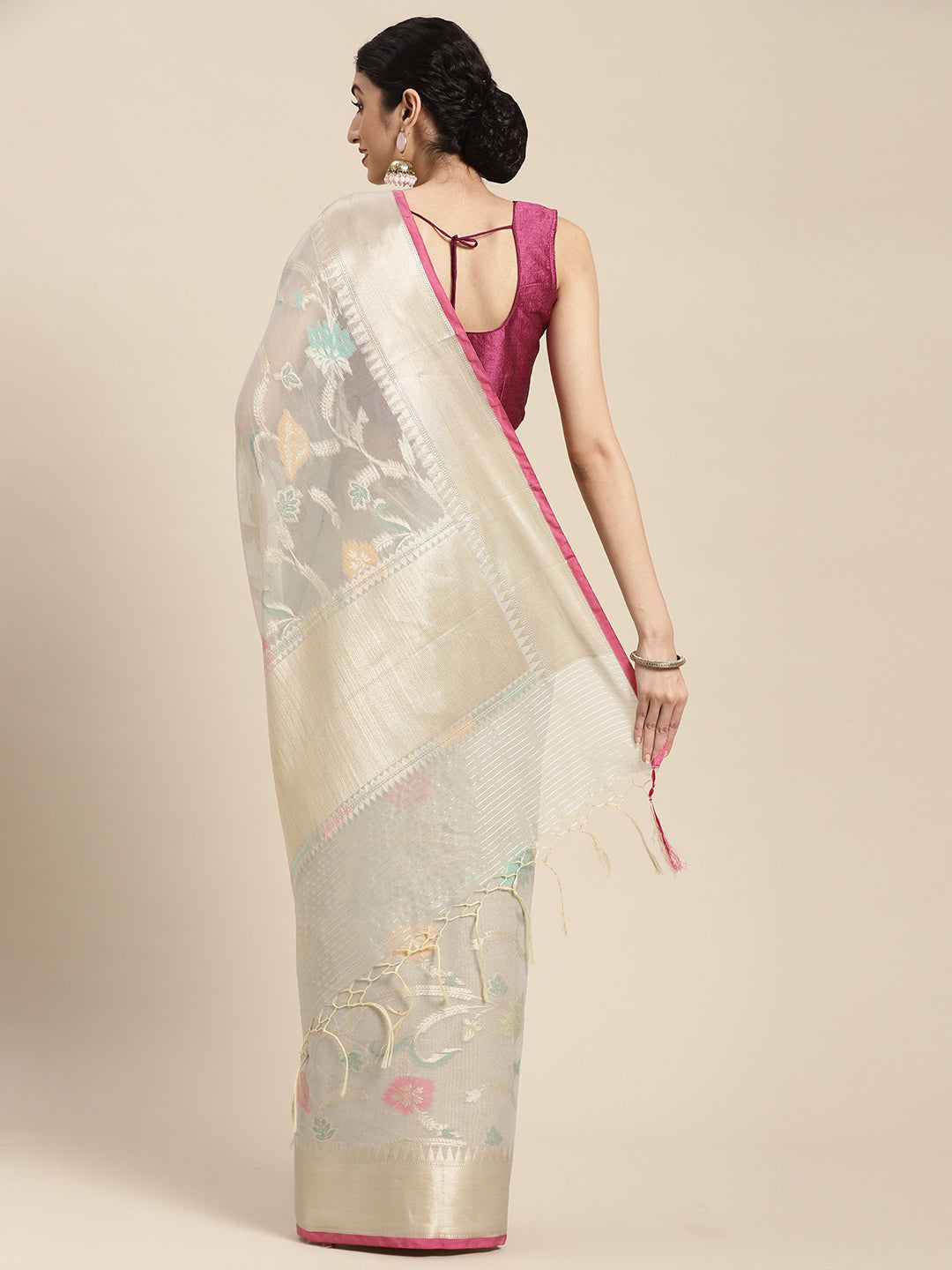 Faishana Presents Handwoven Grey Masrise Cotton Tilfi Jaal Zari Border With Grey Blouse Banarasi Saree