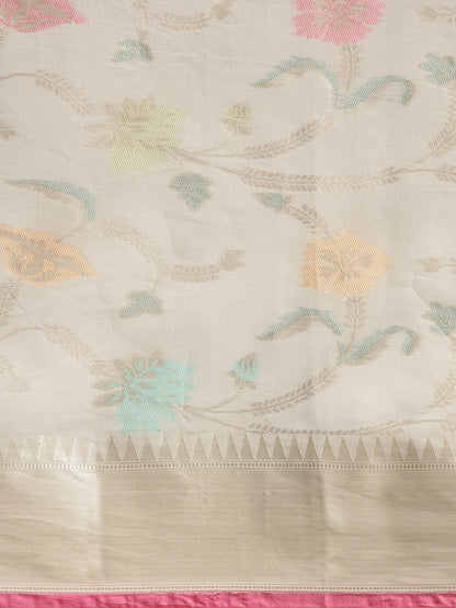 Faishana Presents Handwoven Grey Masrise Cotton Tilfi Jaal Zari Border With Grey Blouse Banarasi Saree