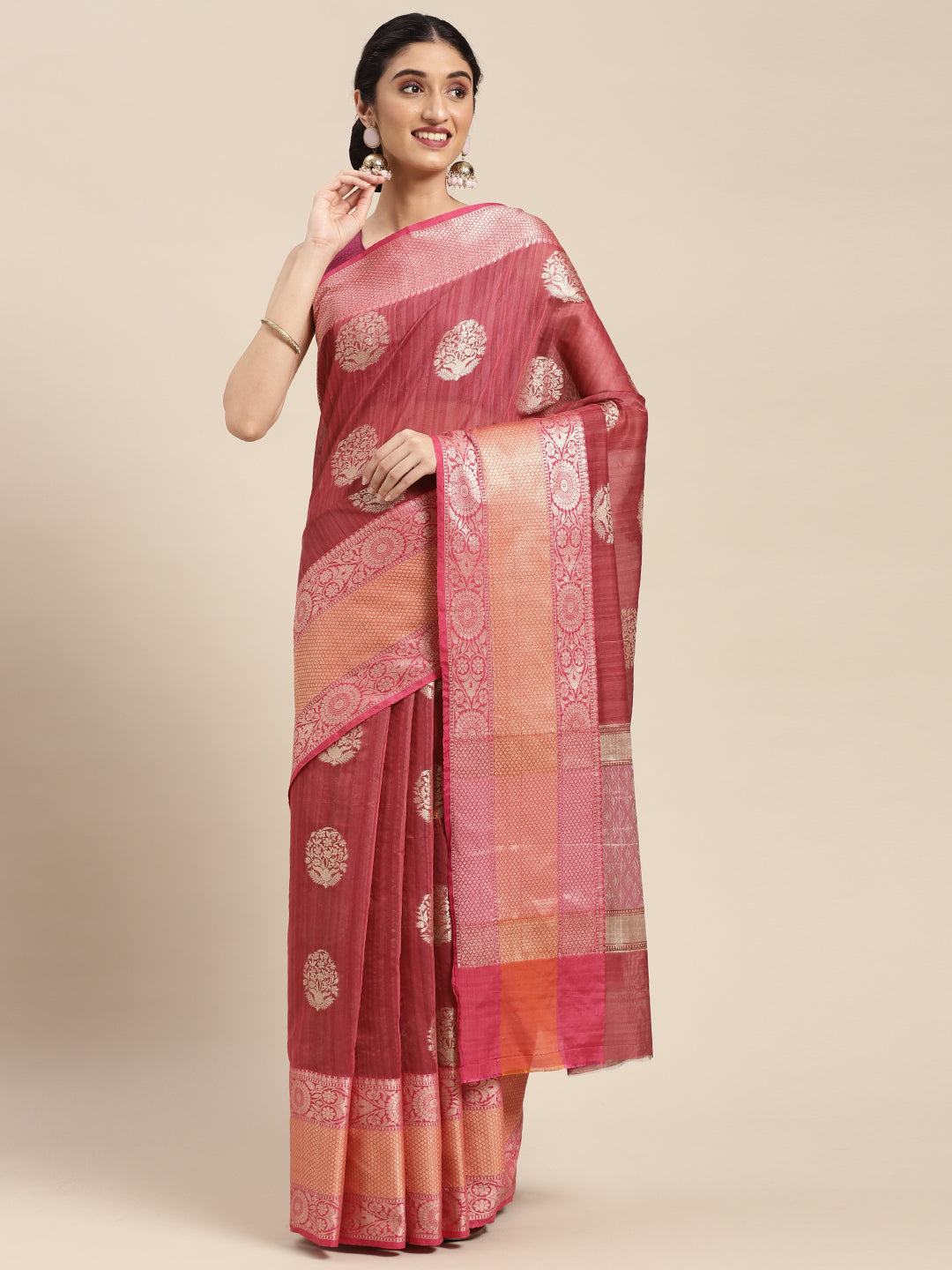 Faishana Presents Handwoven Pink Matka Silk Boota Skirt Border With Magenta Blouse Banarasi Saree