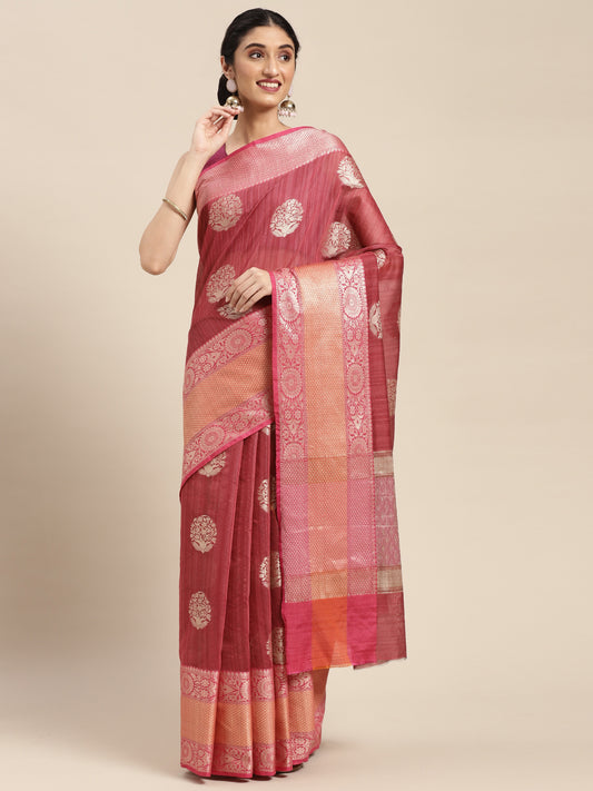 Faishana Presents Handwoven Pink Matka Silk Boota Skirt Border With Magenta Blouse Banarasi Saree