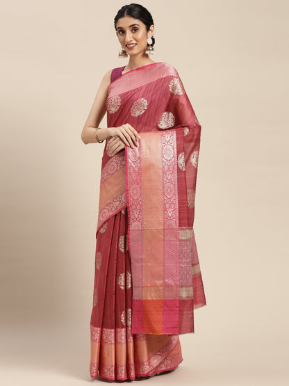 Faishana Presents Handwoven Pink Matka Silk Boota Skirt Border With Magenta Blouse Banarasi Saree