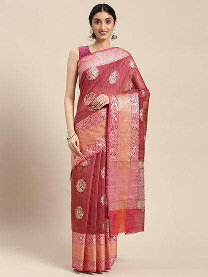 Faishana Presents Handwoven Pink Matka Silk Boota Skirt Border With Magenta Blouse Banarasi Saree